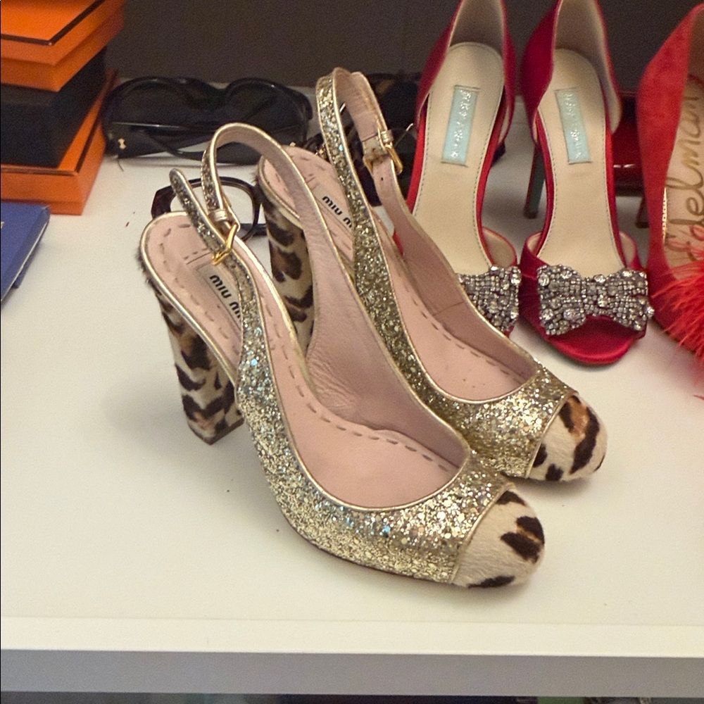 Miu Miu Gold Glitter and Leopard Print Heels - Picture 3 of 3